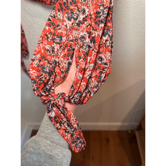 Free People Red Floral Mesh Mock Neck Long Sleeve Cropped Top Sheer - Picture 4 of 6